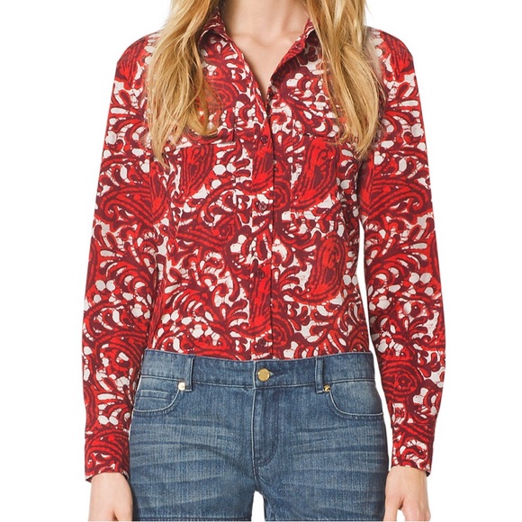 Michael Kors Red, Black and White Long Sleeve Blouse, Size XXS - Picture 1 of 6